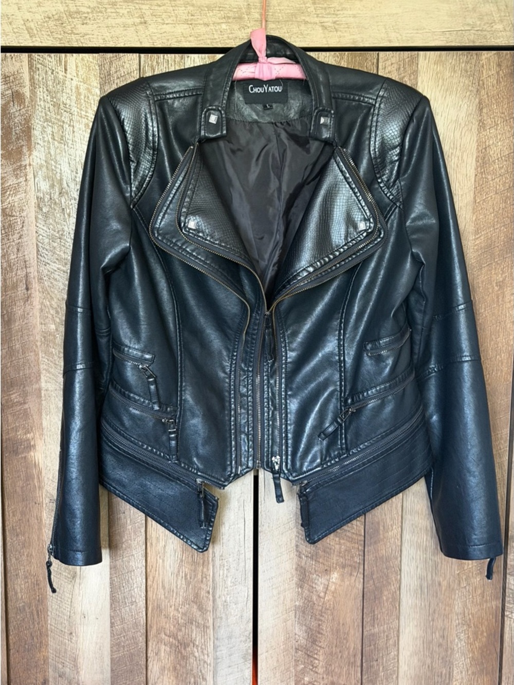 Chouyatou Women's Black Faux Leather Moto Jacket